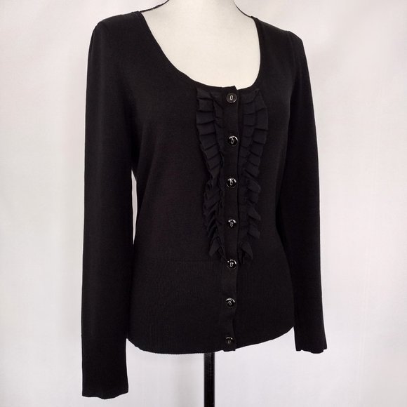 Ann Taylor Black Silk Blend Ruffled Knit Cardigan Sweater - Picture 3 of 11